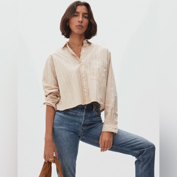 Everlane Tops - Everlane The Way-Short Shirt Cotton Beige Bone White Stripe Button Up Medium
